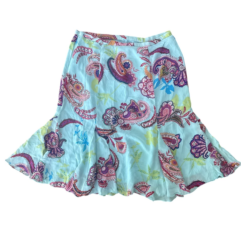 Vintage Y2K Nygard Collection Paisley Silk Midi Skirt Flared Godet 12 Aqua Blue - Picture 2 of 7